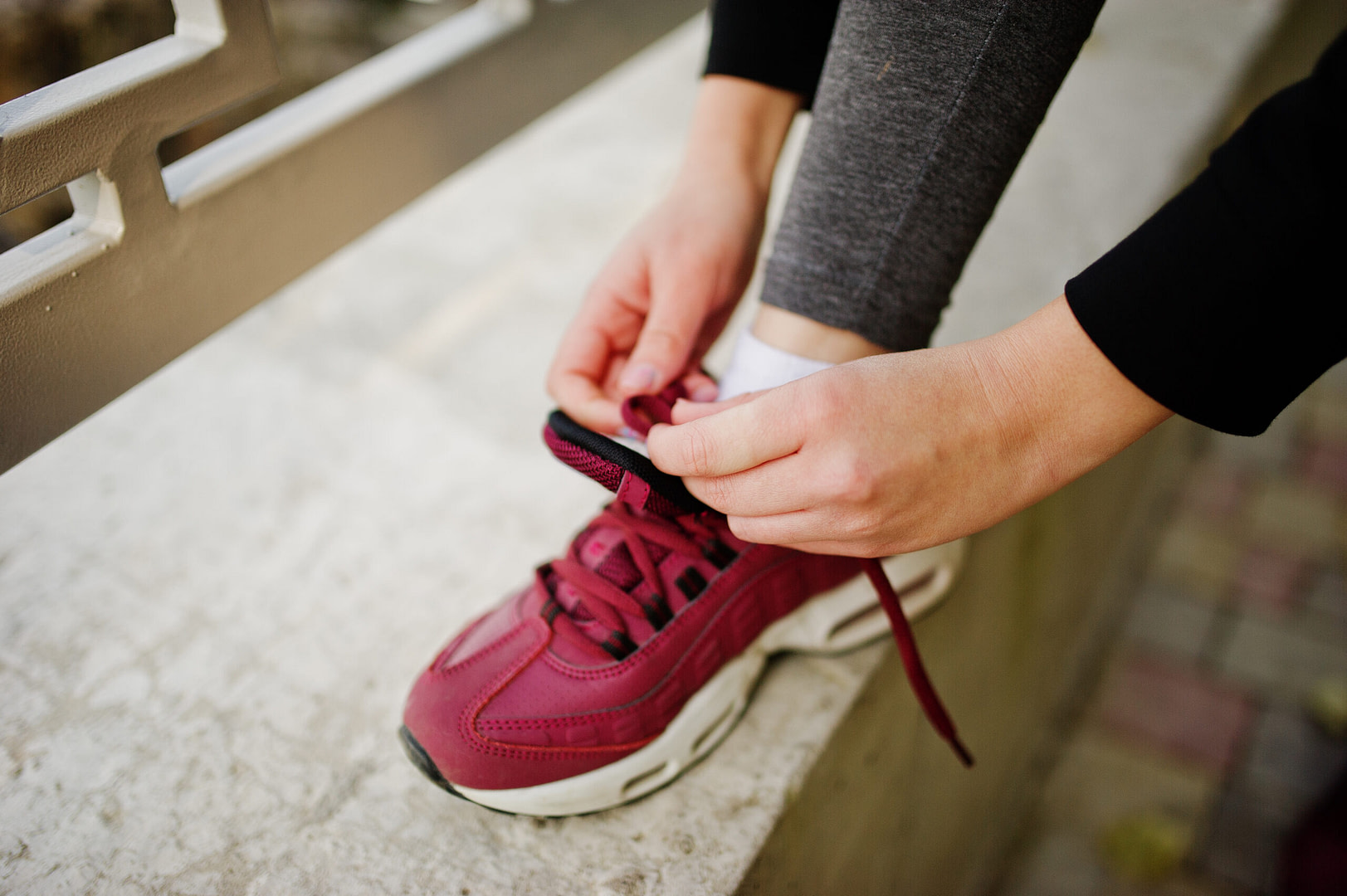 Young Girl Has The Training Knit Laces On Sneakers. Sport, Fitne